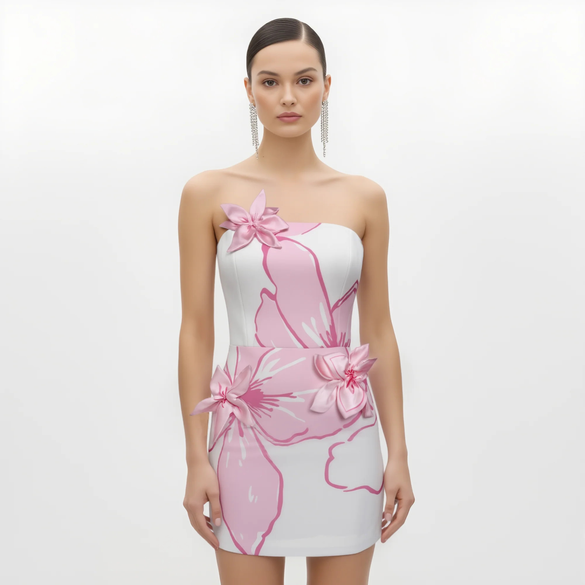 Mini Dress with Pink Floral Appliqués - White/Pink | JW PEI US
