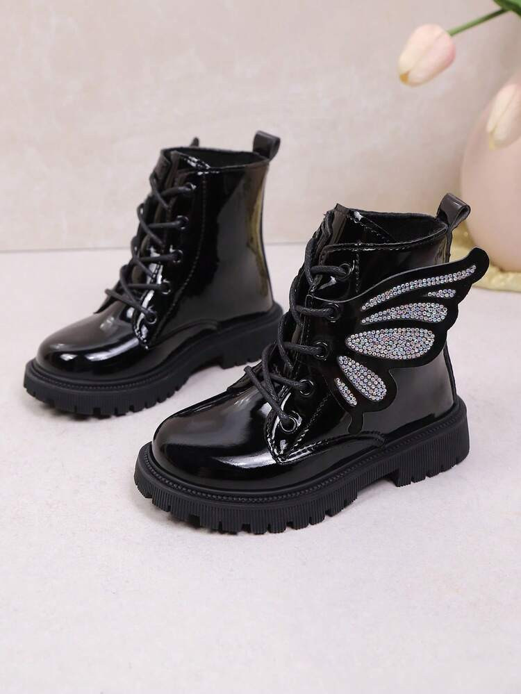 1 Pair Black Soft Mirror Patent PU Leather Gradient Color Rhinestone Butterfly Wing Design Lace-Up Round Toe Thick Sole Non-Slip Comfortable Mid-Calf Boots, Suitable For Teenagers, Boys, Girls, Students, Casual, Travel, Holiday, School, Autumn/Winter | SHEIN