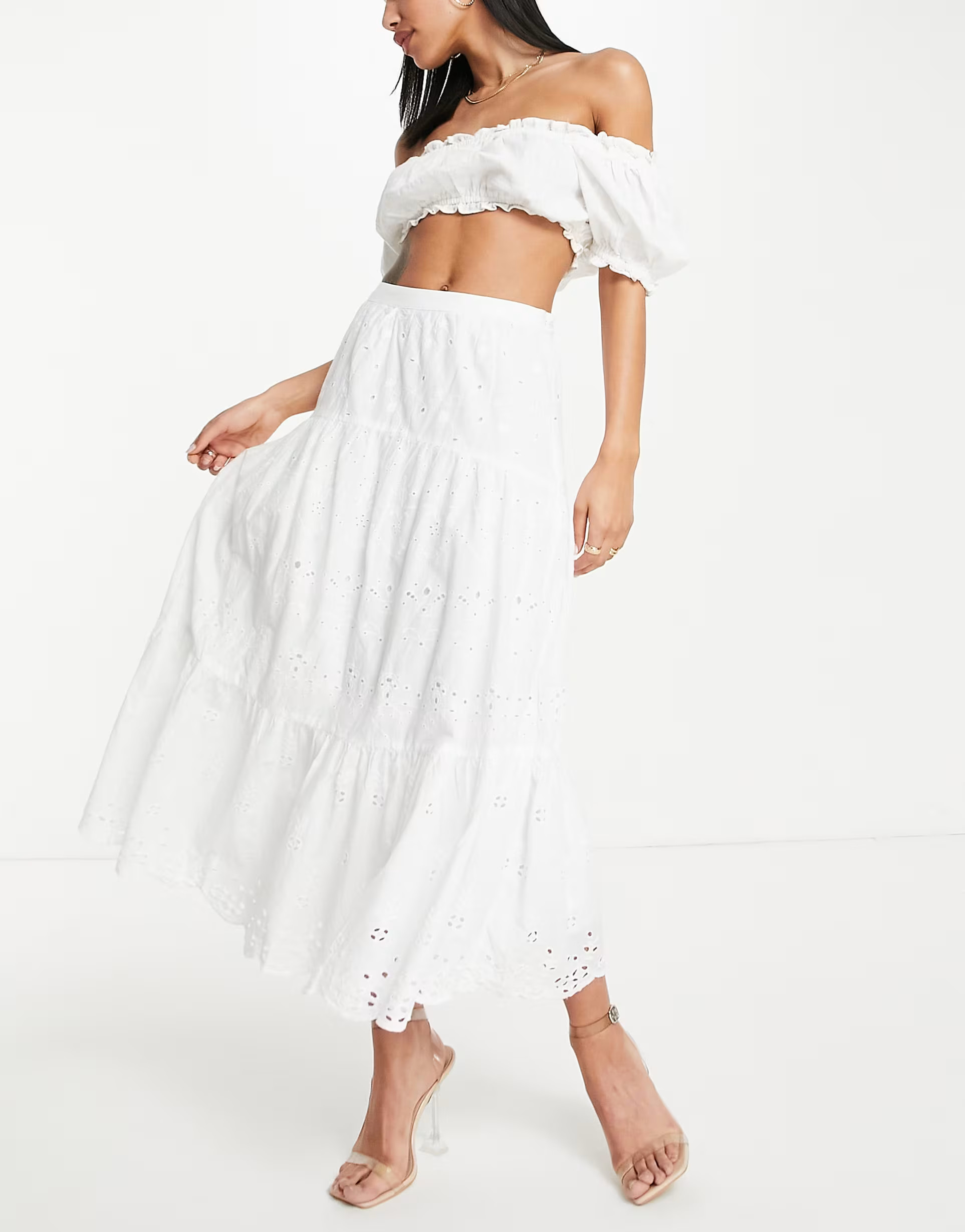 French Connection cotton tiered maxi skirt in white embroidery - WHITE | ASOS (Global)