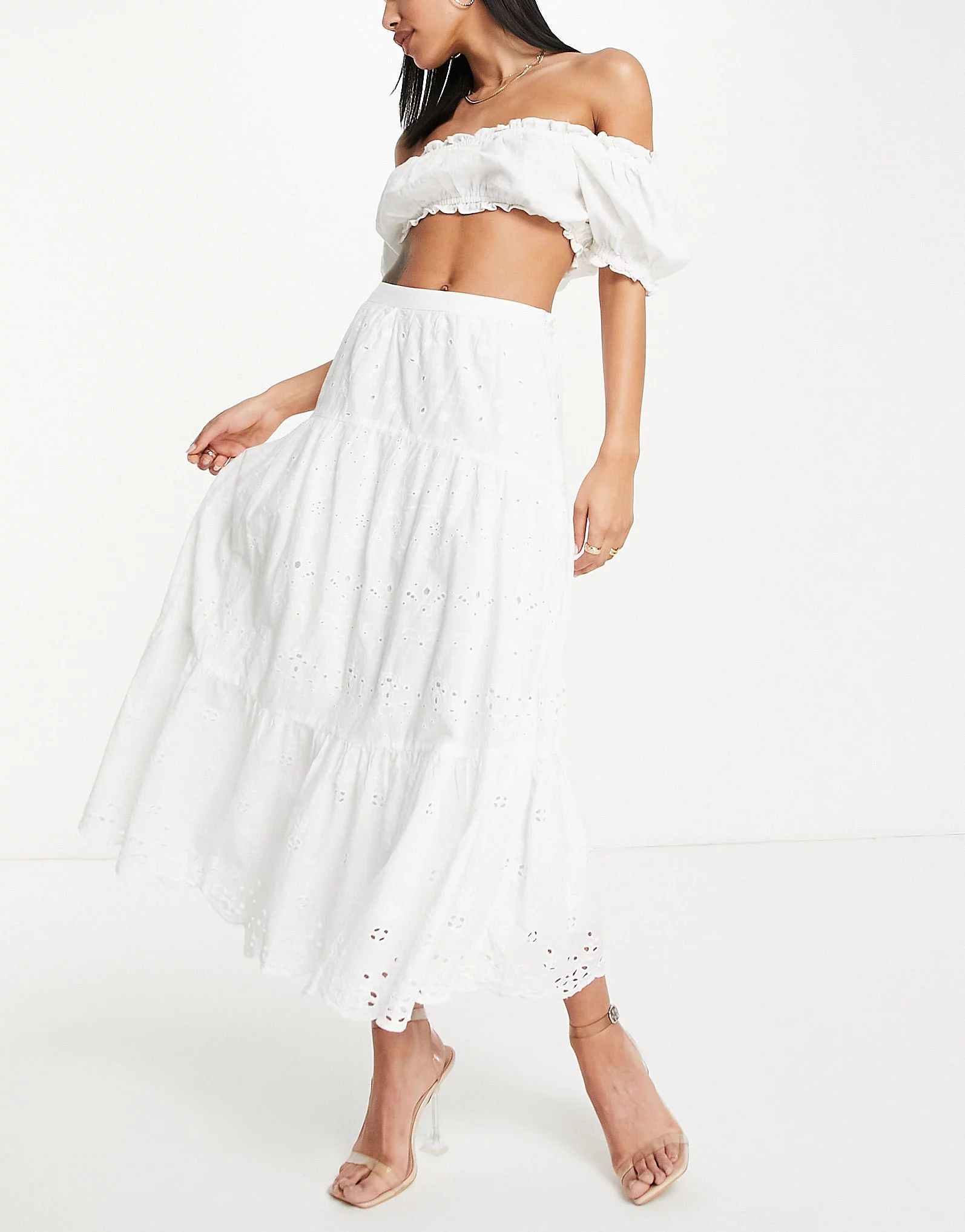 French Connection cotton tiered maxi skirt in white embroidery - WHITE | ASOS (Global)