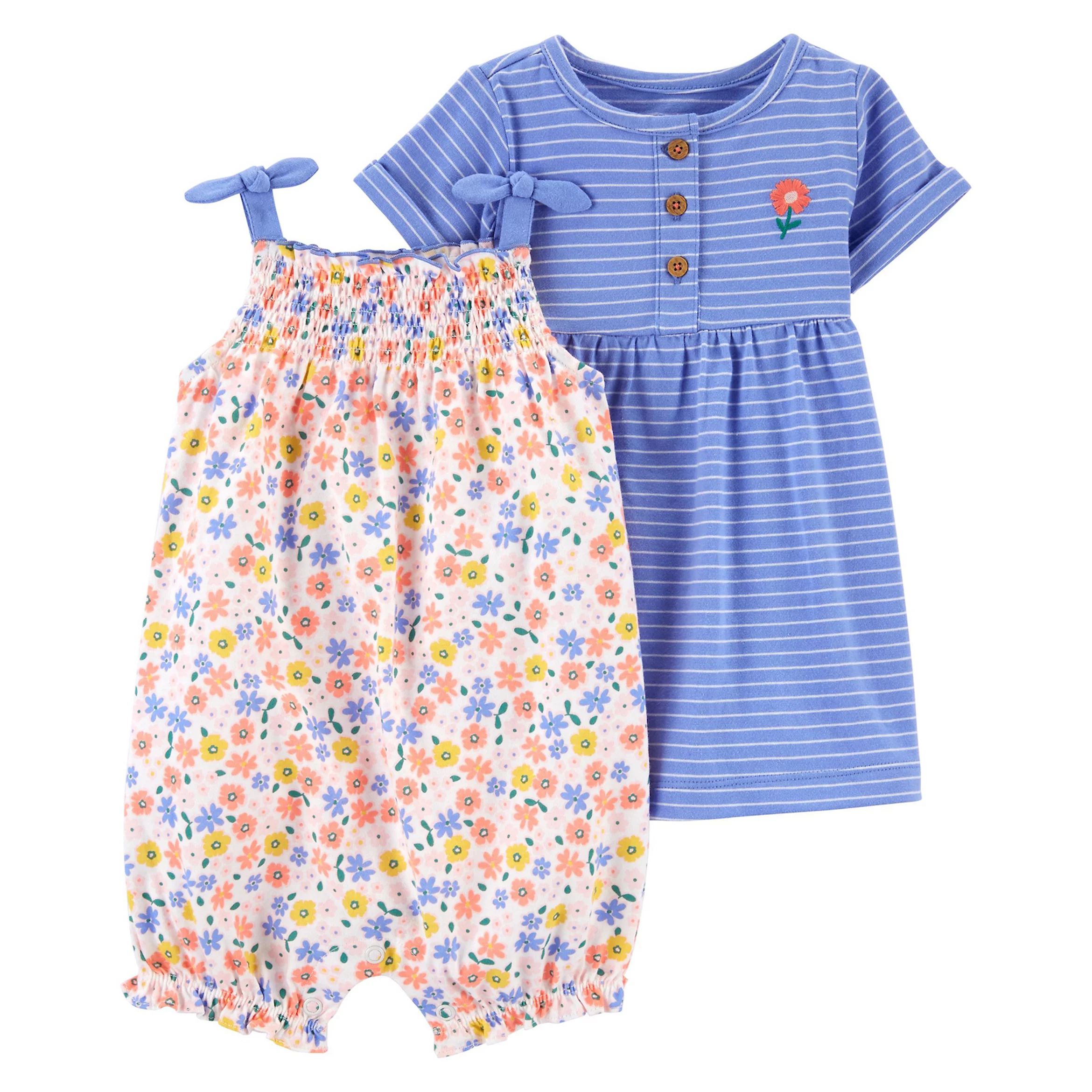 Baby Girl Carter's 3-Piece Floral Romper, Striped Dress & Diaper Cover Set | Kohl's
