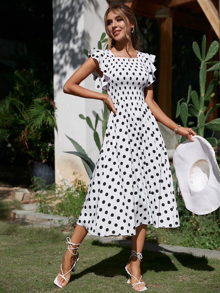 Simplee Polka Dot Shirred Bodice Butterfly Sleeve Dress | SHEIN