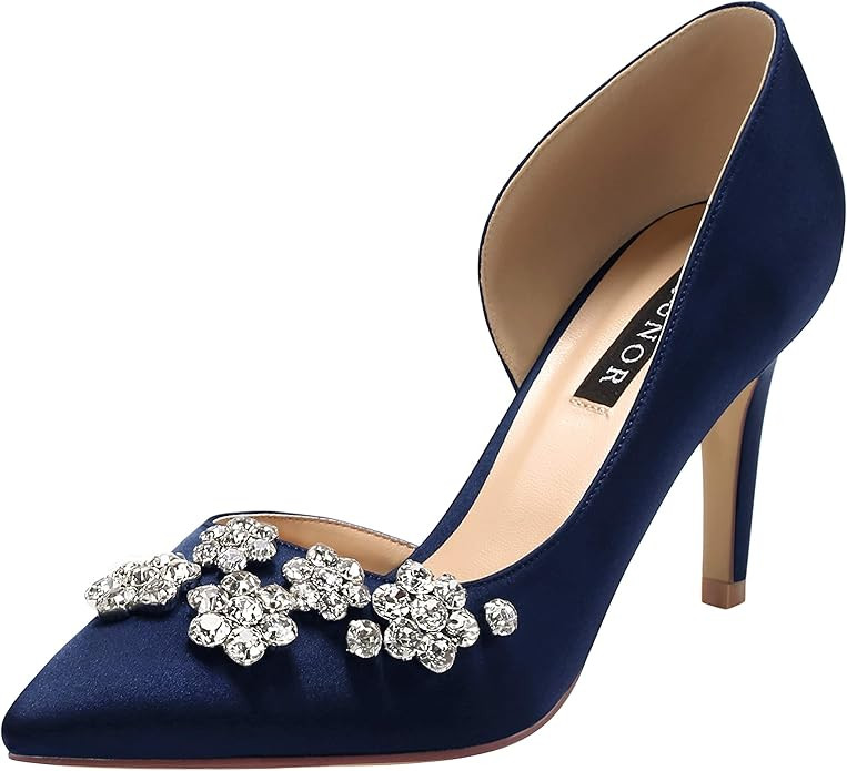 ERIJUNOR Pointy Toe Mid Heels Pumps Rhinestones Evening Party D’Orsay Satin Shoes for Women | Amazon (US)