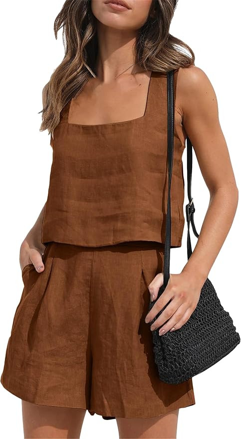 YMING Womens 2 Piece Outfits Linen Matching Sets Sleeveless Crop Tank Tops and High Waist Lounge ... | Amazon (US)