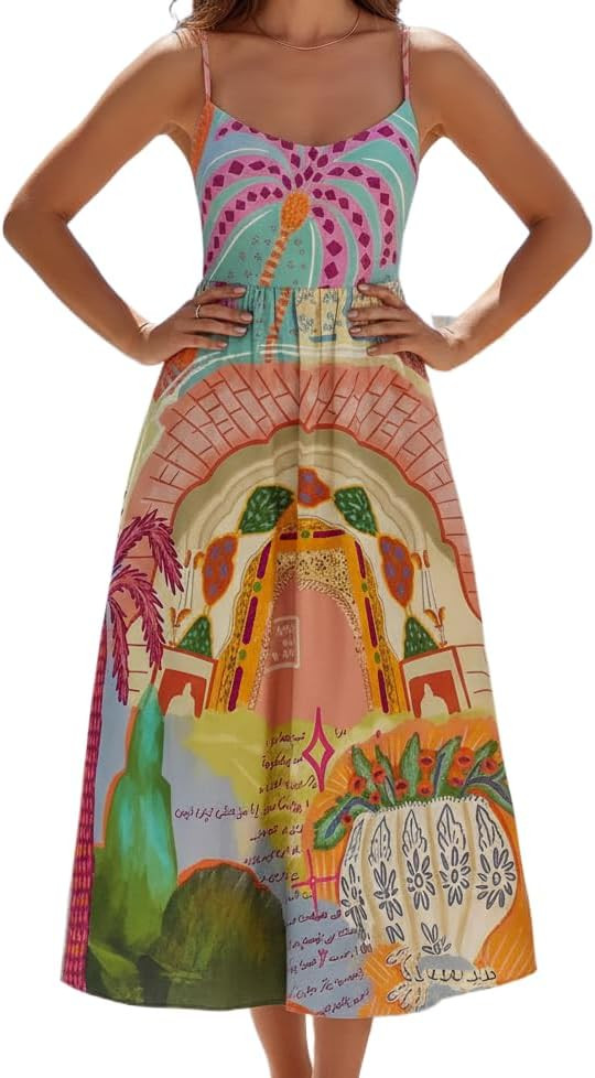 TIAFORD Women's Spaghetti Strap Midi Dress Graphic Print Sleeveless Square Neck A-Line Dress Casu... | Amazon (US)
