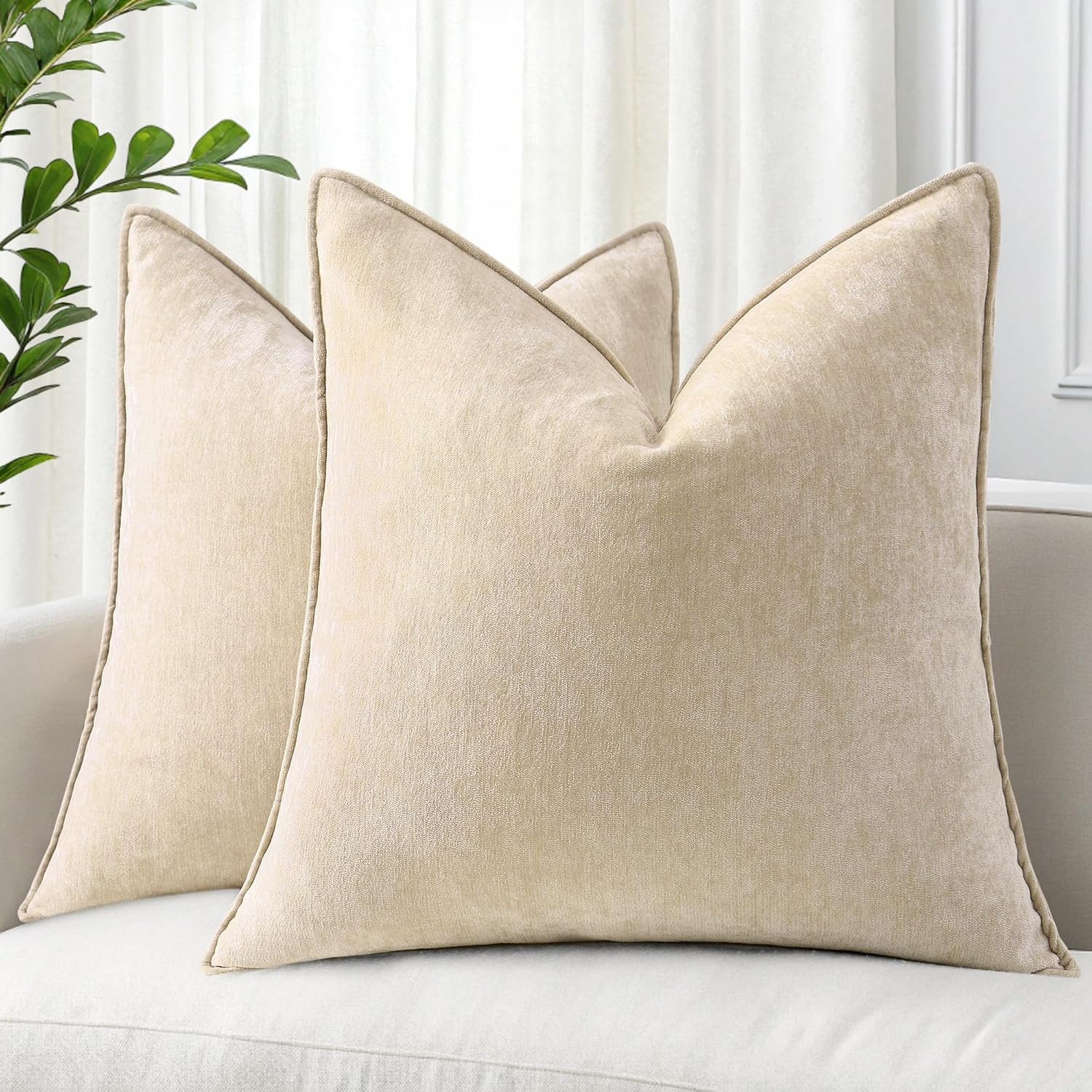 decorUhome Chenille Beige Velvet Throw Pillow Covers 18x18 Set of 2 | Amazon (US)
