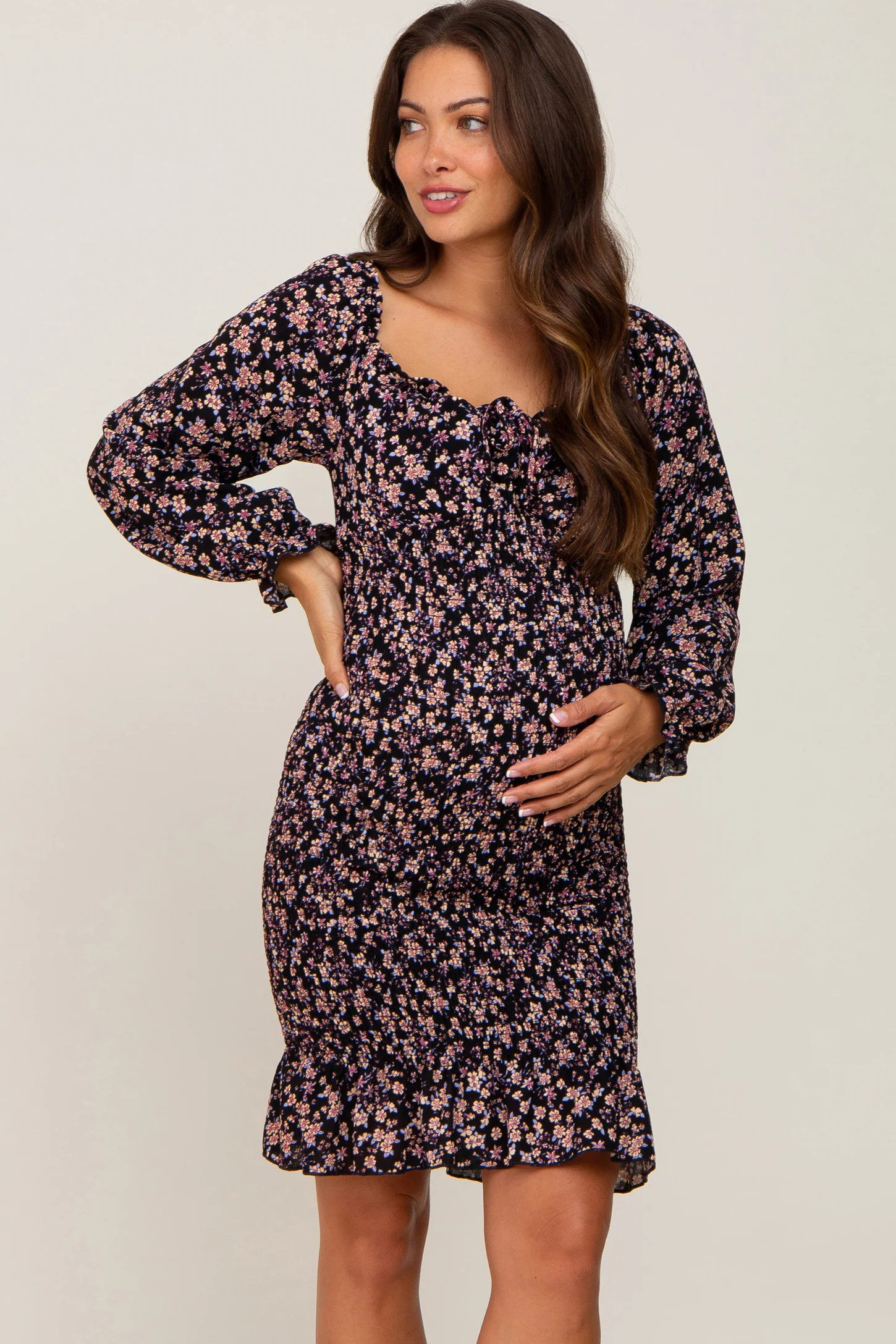 Black Floral Print Long Sleeve Smocked Maternity Dress | PinkBlush Maternity