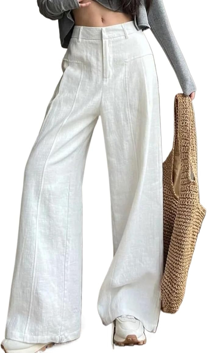 Cotton Linen Wide Leg Pants Women Summer High Waist Straight Leg Loose Office Suit Trousers | Amazon (US)