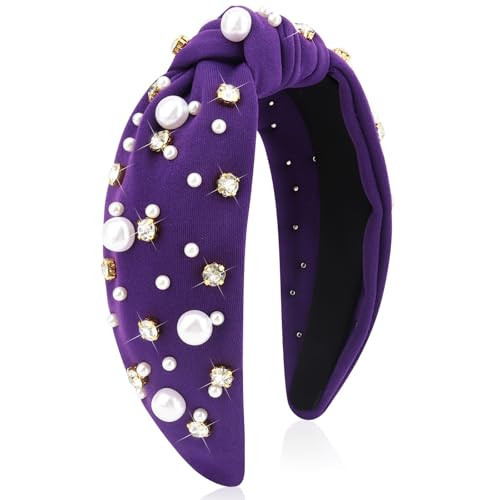 Uintoon Dark Purple Headband for Women Pearl Knotted Headband Sparkly Rhinestone Pearls Top Knotted Headbands Fashion Accessories Cute Hair Bands for Women Girls | Amazon (US)