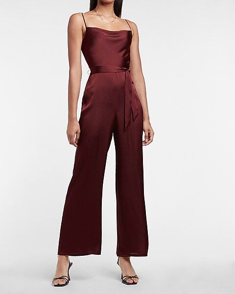 Satin Belted Cowl Neck Wide Leg Jumpsuit | Express