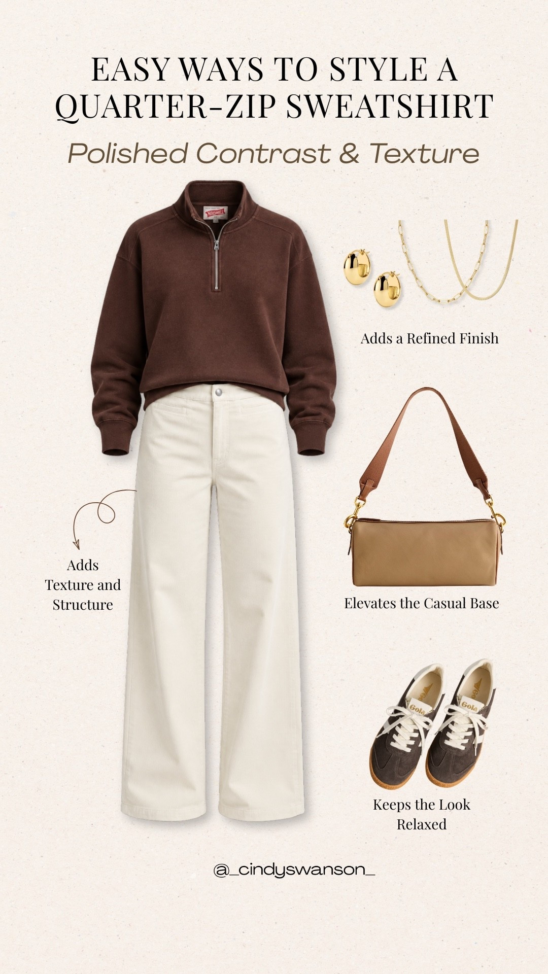 A chocolate-brown quarter-zip sweatshirt with ivory wide-leg pants is such an easy way to make casual dressing feel polished. I love the warm contrast and simple accessories here—it’s a comfortable-looking combination that still feels pulled together for everyday wear.

#LTKootd #LTKOver40 #LTKSeasonal