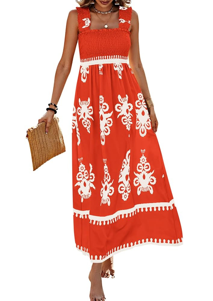 PRETTYGARDEN Womens Summer Boho Maxi Dress 2025 Casual Sleeveless Square Neck Floral Aline Smocke... | Amazon (US)