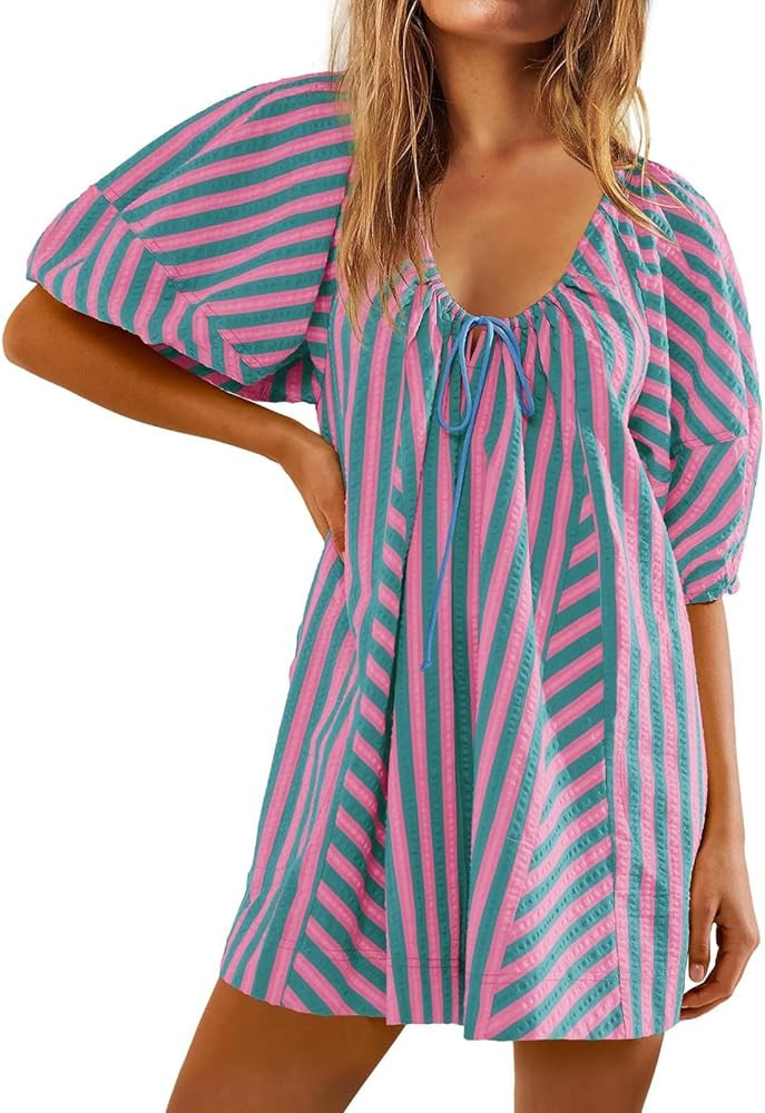 Summer Rompers for Women,Plus Size Romper with Pocket,Striped Puff Short Sleeve Adjustable Neck W... | Amazon (US)