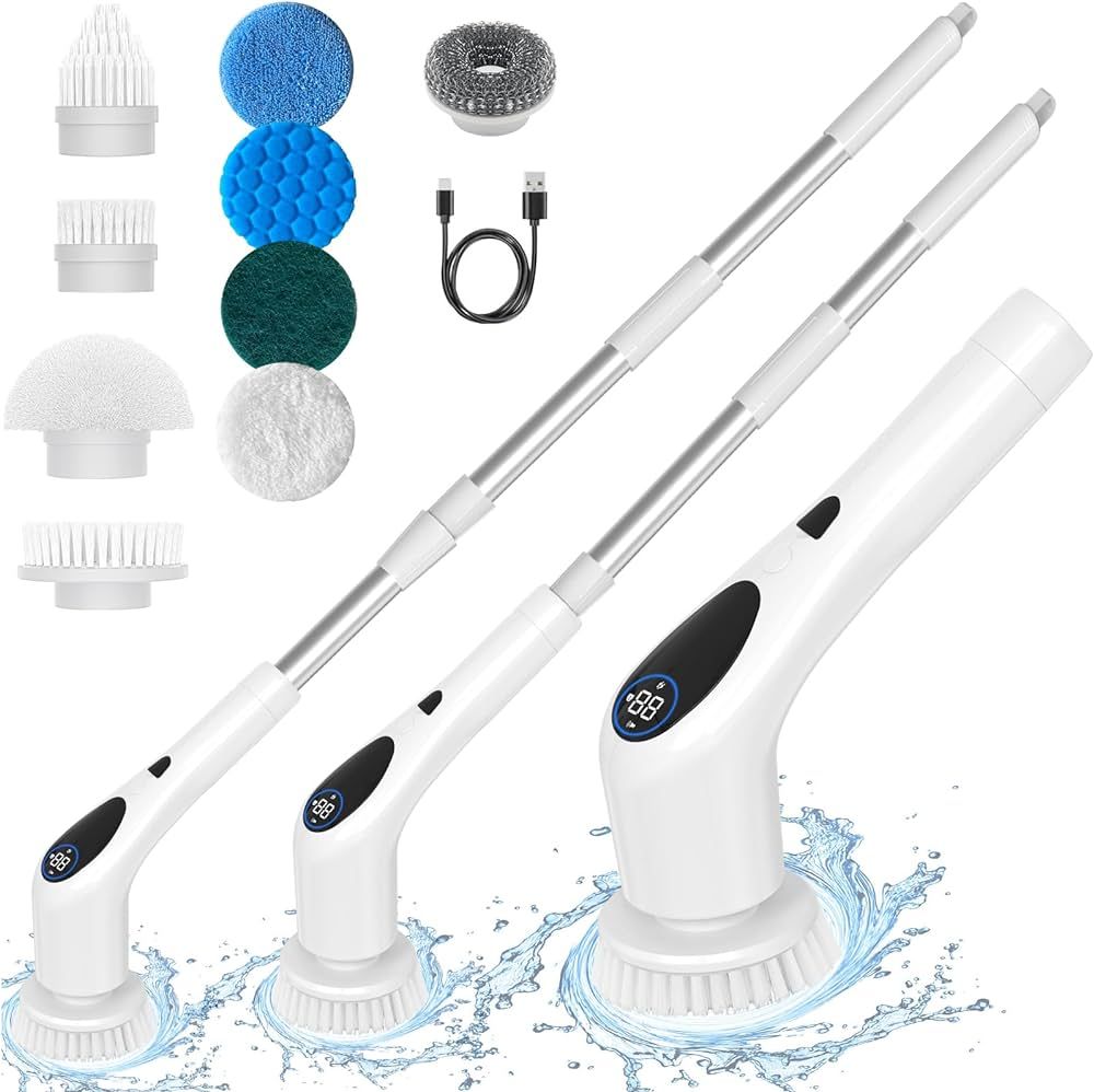 Electric Spin Scrubber, Cordless Cleaning Brush with Adjustable Extension Arm 9 Replaceable Cleaning Heads, LED Screen Voice 3 Adjustable Speeds Power Shower Scrubber for Bathroom, Tub, Tile, Floor | Amazon (US)