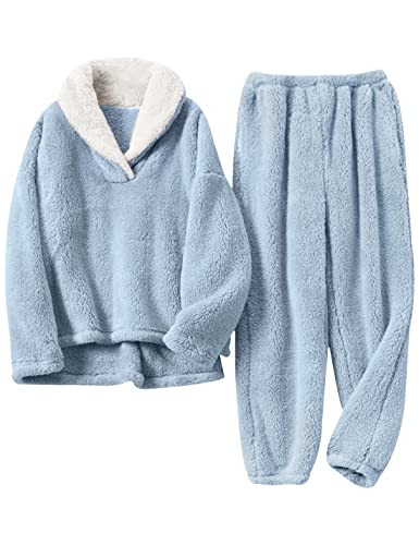 Hooever Women's Fluzzy Sherpa Fleece Pajamas Warm Pullover Lapel Sleepwear Sets | Amazon (US)