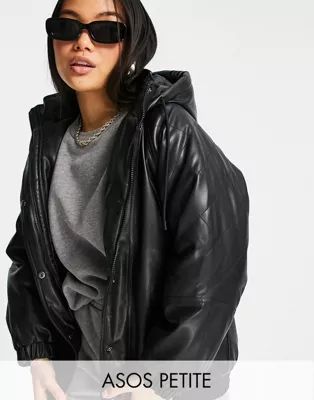 ASOS DESIGN Petite quilted faux leather bomber jacket in black | ASOS | ASOS (Global)