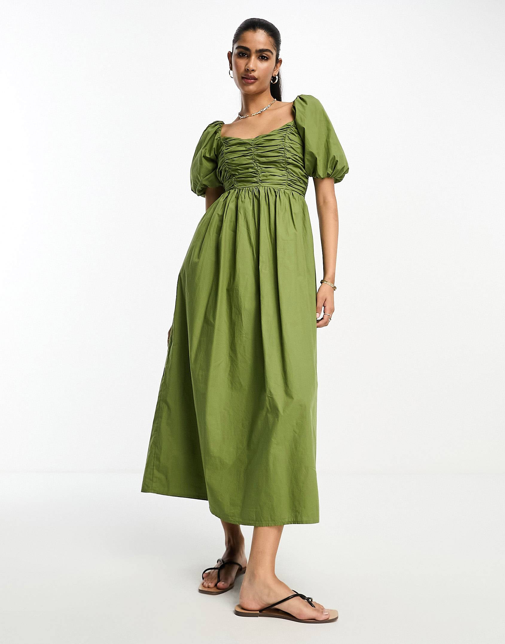 River Island midi dress with ruched bodice in khaki | ASOS (Global)
