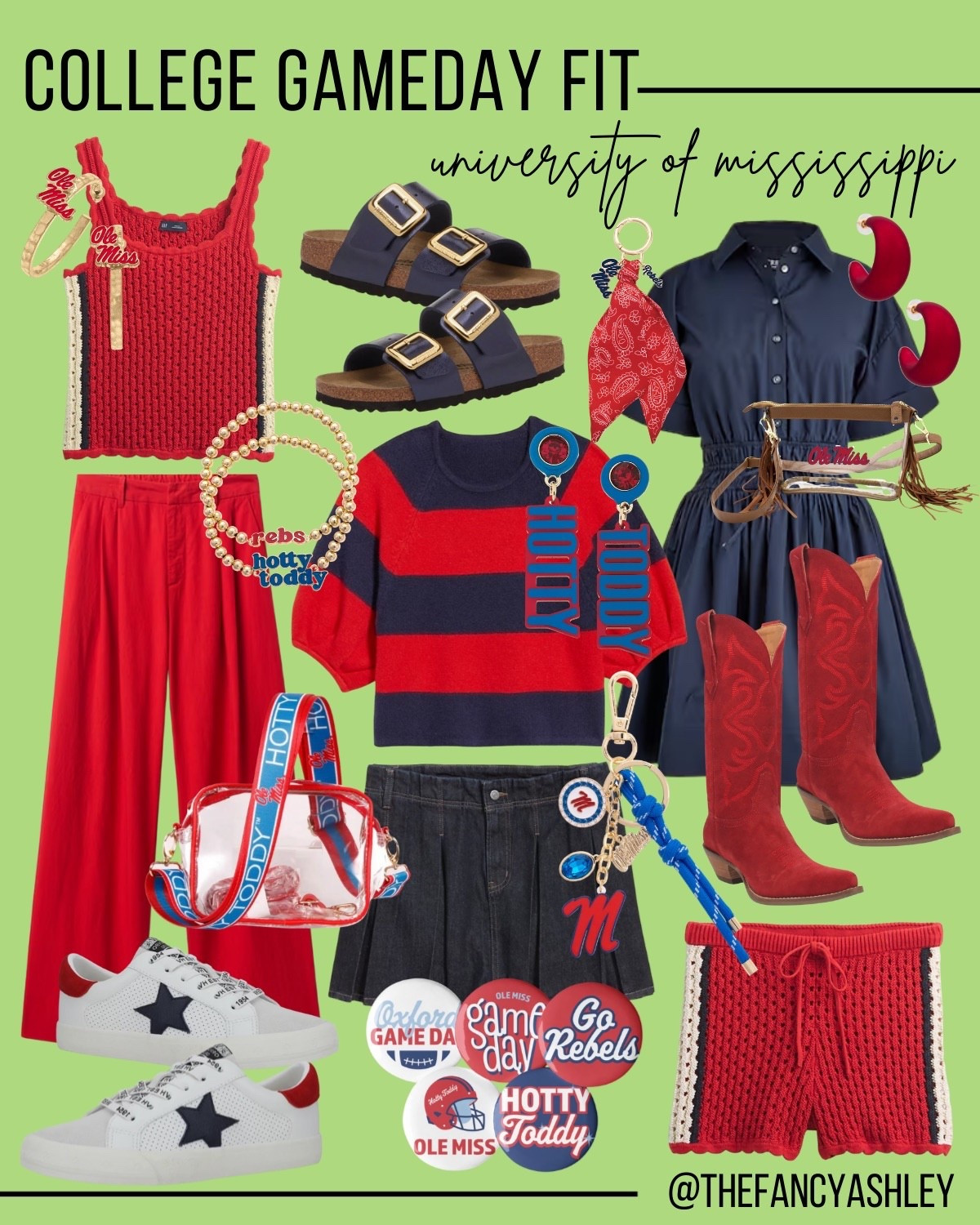 Obsessed with this Ole Miss game day fit—navy, crimson, and a side of Rebel style perfection. The cutest accessories make it a full head-to-toe look, ready to cheer on the Rebels and Tony the Landshark. You know it’s not game day without a little “Hotty Toddy” and a whole lot of cute. This outfit is so good—perfect for every Rebel fan! #olemiss #universityofmississippi #rebels #hottoddy #collegegamedaystyle 

#LTKU #LTKStyleTip #LTKParties