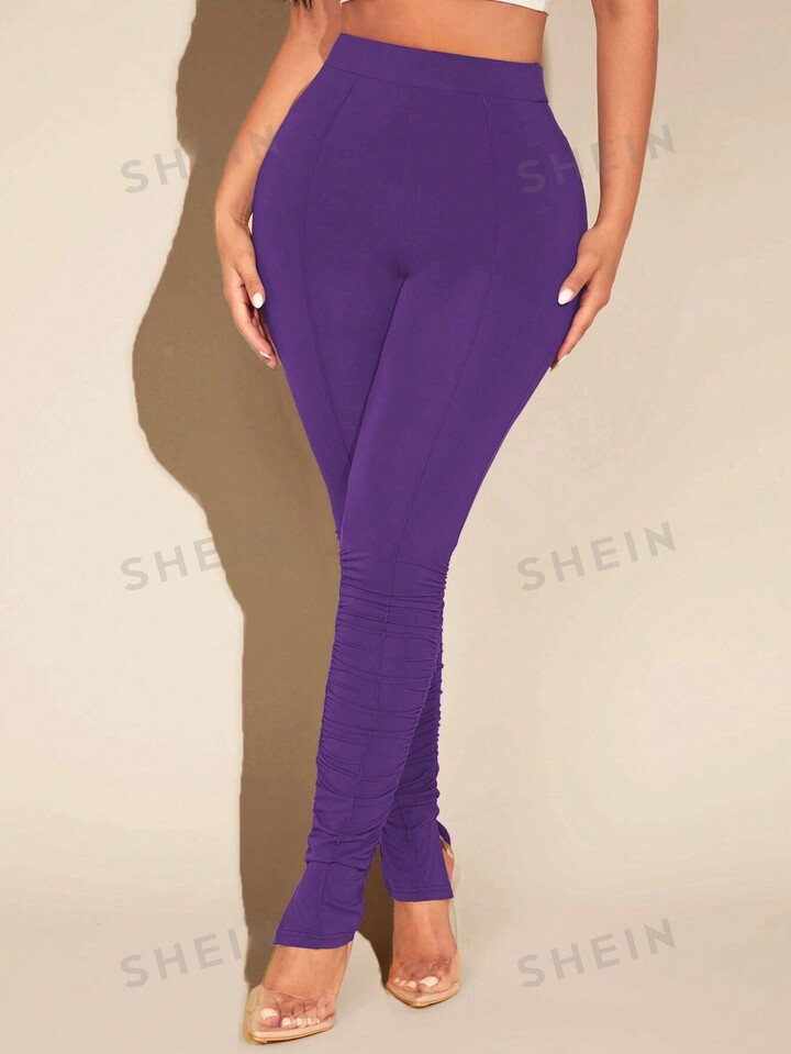 SHEIN SXY Solid Ruched Split Hem Stacked Leggings | SHEIN