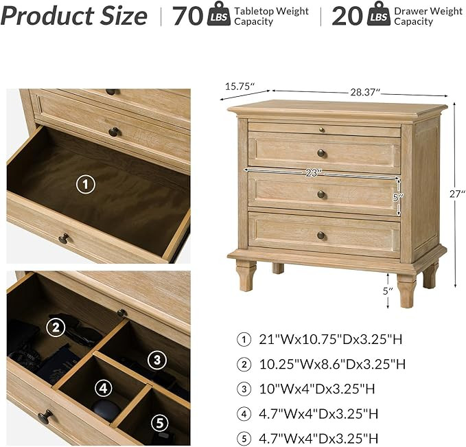 HULALA HOME Farmhouse 3 Drawer Nightstand with Tray, Drawer Organizer with Solid Wood Legs, Night... | Amazon (US)