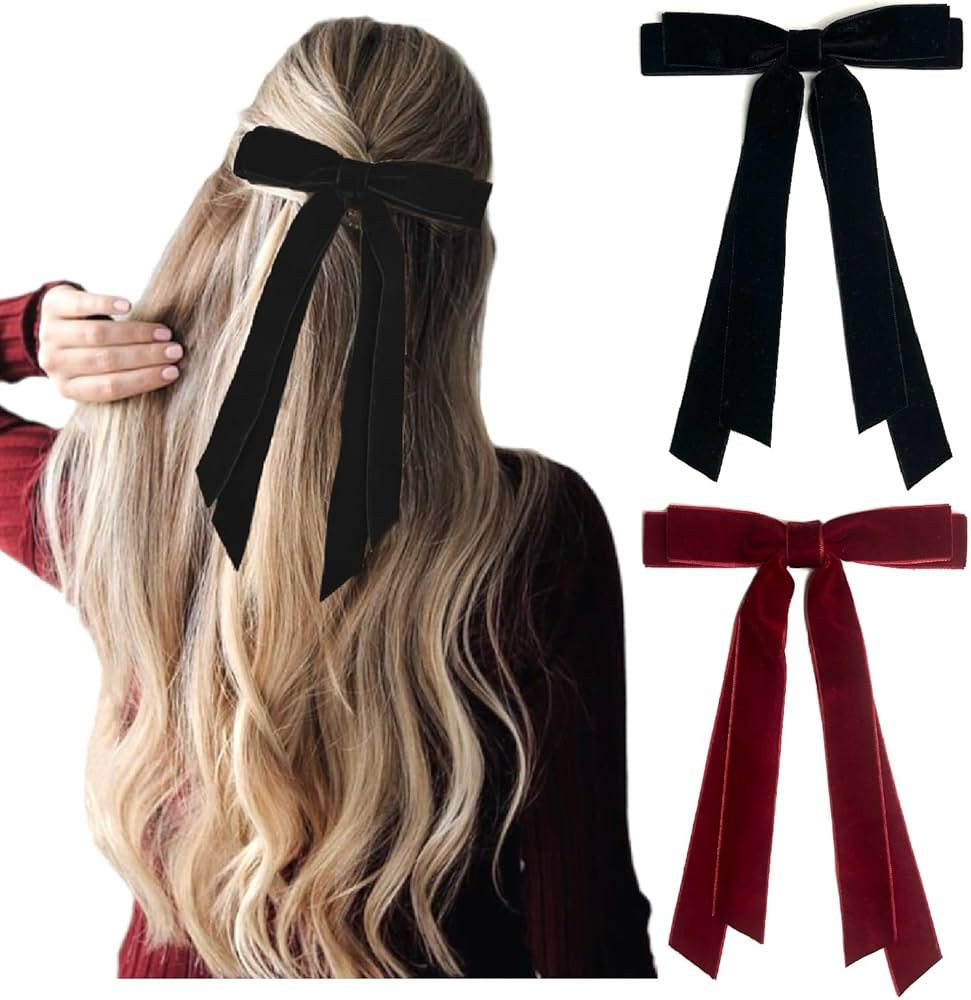 Velvet Hair Bows for Women Girls, Velvet Ribbon Bows for Hair Christmas Gifts, Black Burgundy Red | Amazon (US)
