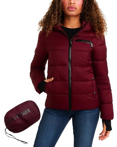Steve Madden Womens Packable Puffer Jacket - Lightweight Wind & Water Resistant Full-Zip Insulated Winter Coats for Women, Size Medium, Burgundy | Amazon (US)