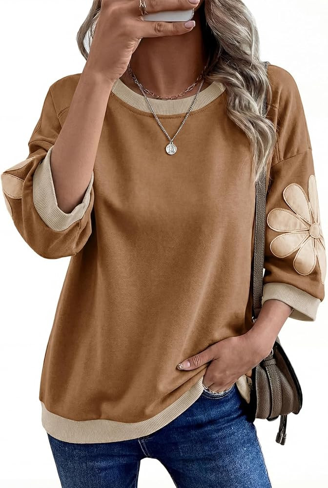 Dokotoo Women's Oversized 3/4 Sleeve Sweatshirt Floral Patch Crewneck Pullover Casual Tops | Amazon (US)