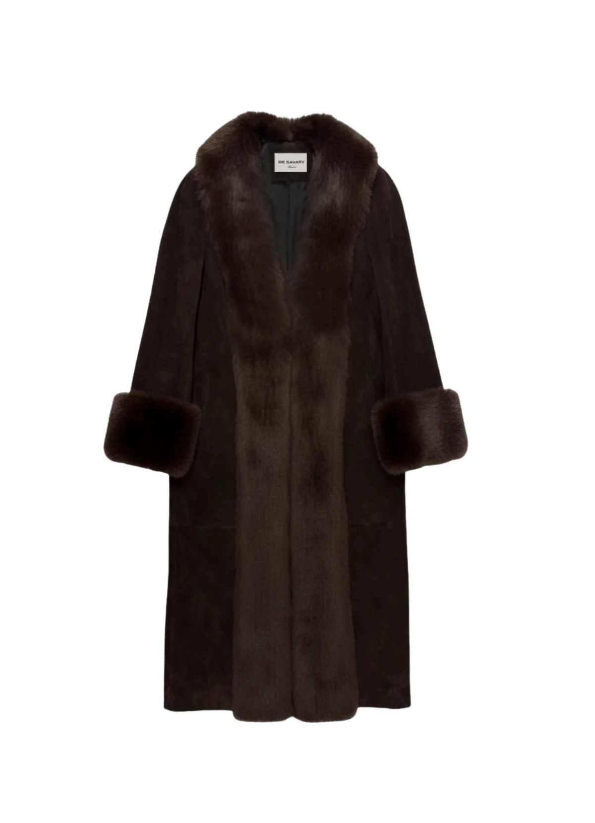 Espresso Suede Faux Fur Trim Maxi Coat | DE SAVARY LONDON