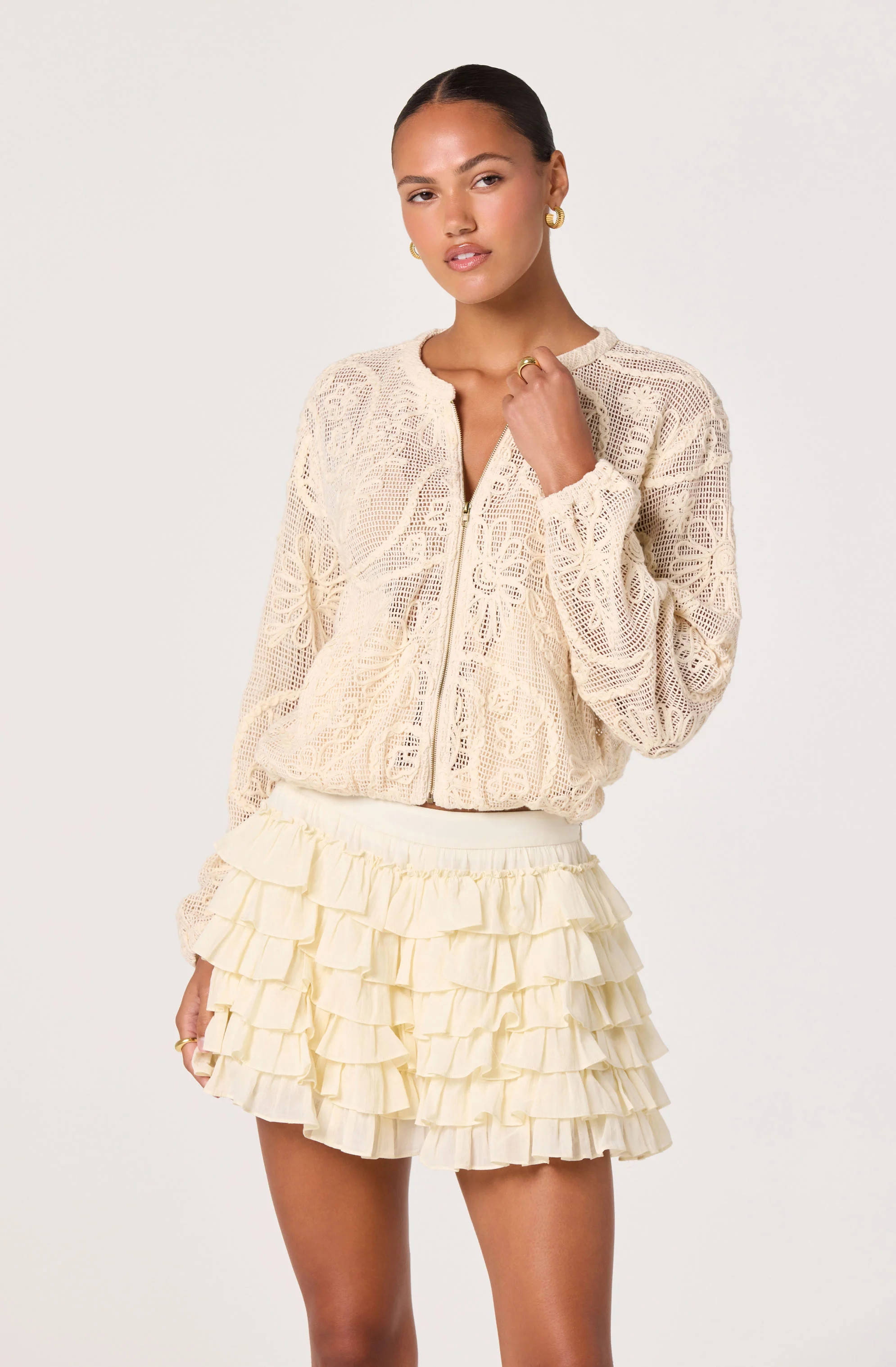 Aeva Embroidered Crochet Bomber Jacket - Natural / XS | ASTR The Label (US)