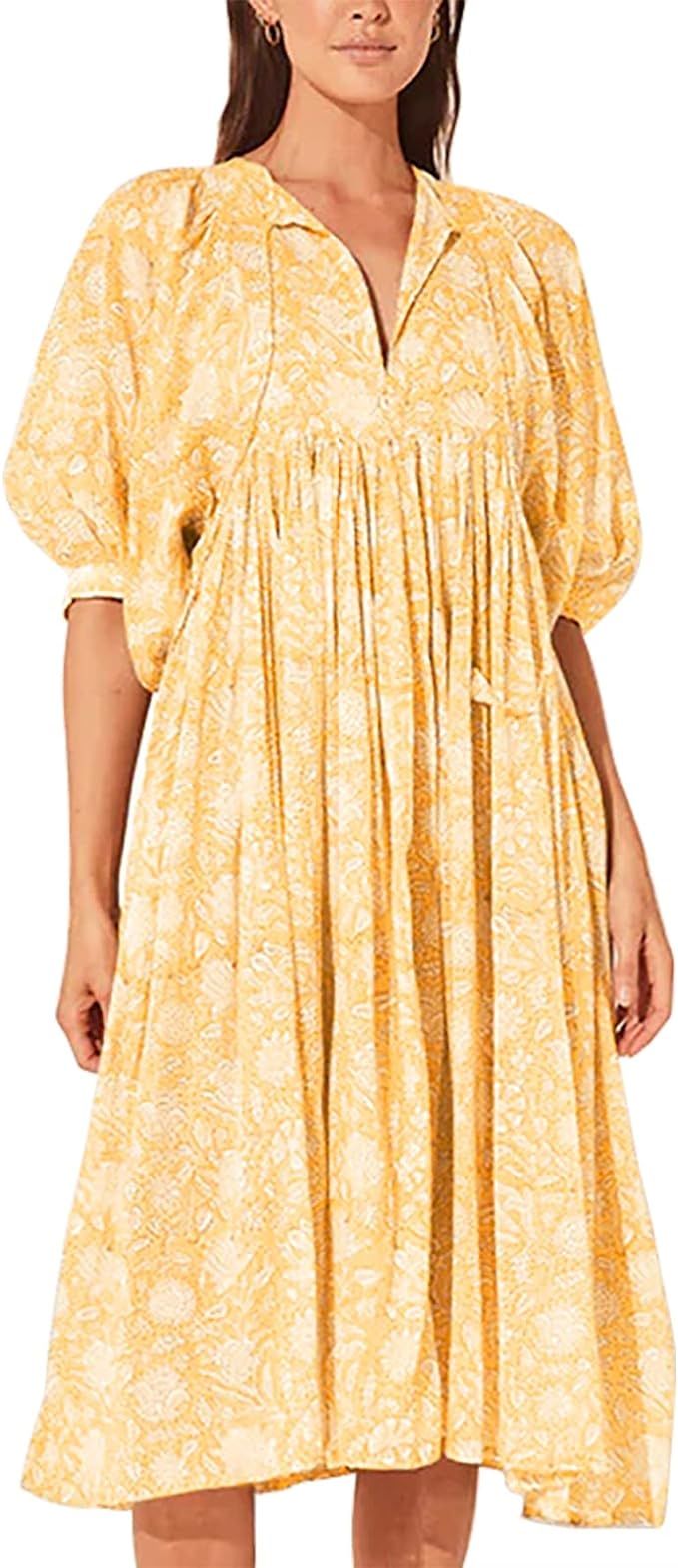 Boho Maxi Dress for Women Floral Print Midi Dress 3/4 Sleeve Plus Size Midi Dress Flowy Beach Lon... | Amazon (US)
