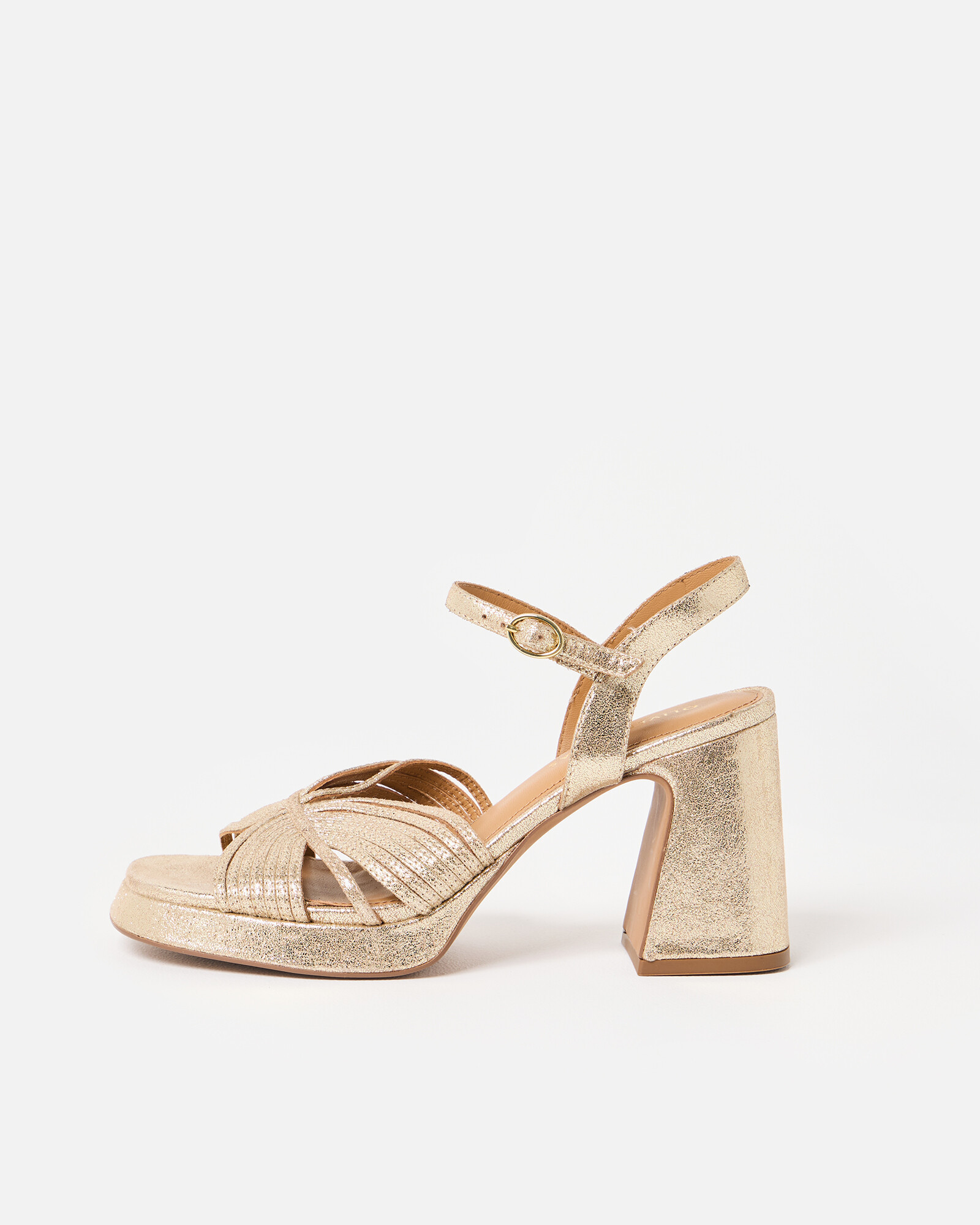 Gold Metallic Fan Leather Platform Heeled Sandals, size UK 3 | Oliver Bonas (Global)