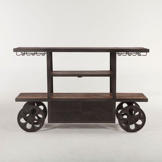 66"L Bar Cart Console Reclaimed Teak Reclaimed Industrial Cast Iron Castors - Industrial - Bar Ca... | Houzz (US)