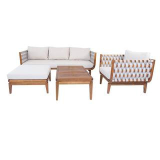 Norvain 4-Piece Teak Finish Outdoor Patio Conversation Sofa Set with Beige Cushions, Coffee Table and Ottoman | The Home Depot