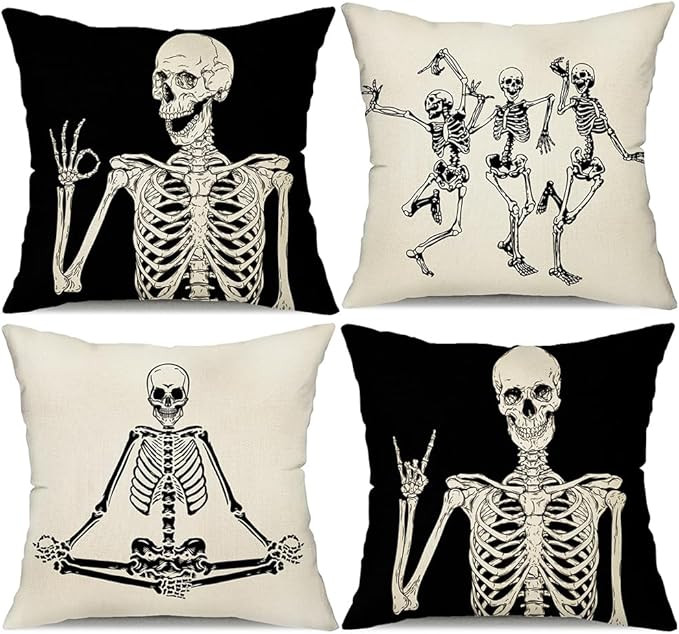 Halloween Pillow Covers 18x18 Set of 4 Funny Skeleton Skull and Dancing Skeleton Halloween Decora... | Amazon (US)