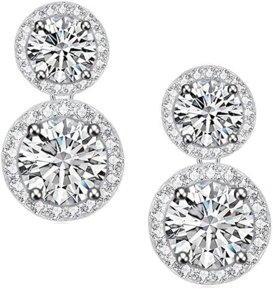 Savlano 14K White Gold Plated 6MM /10MM Round Cubic Zirconia Halo Double-Drop Stud Earrings, Come... | Amazon (US)