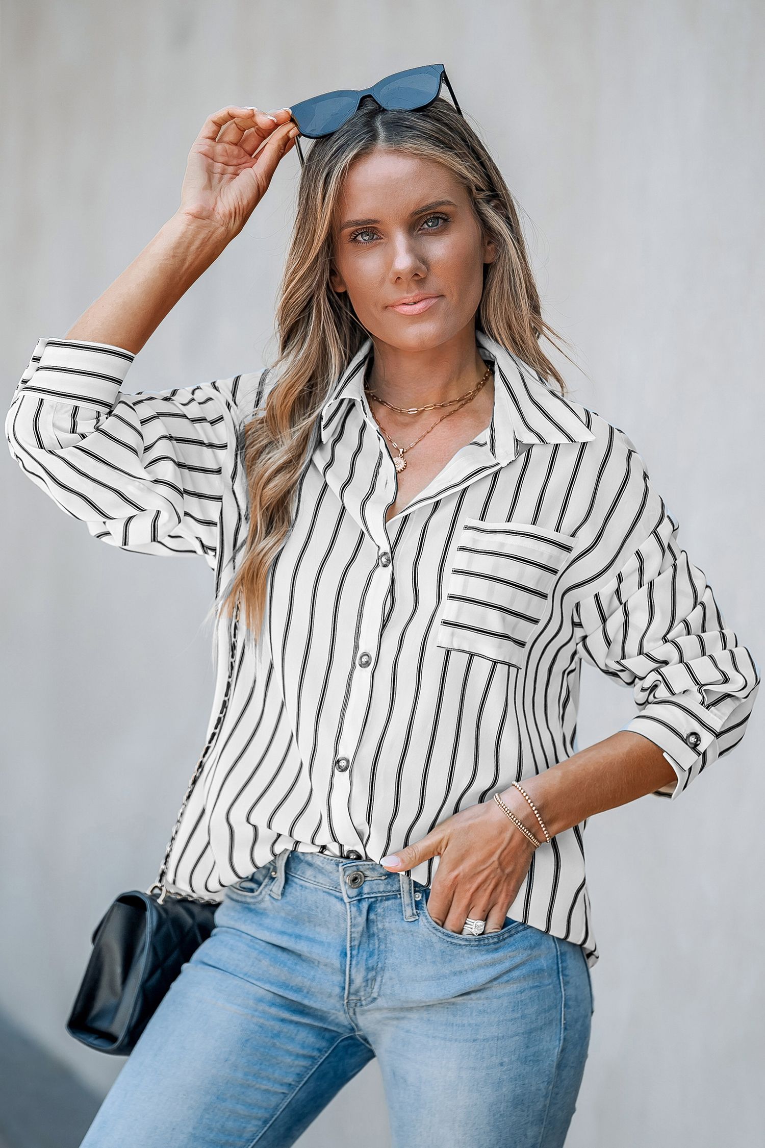 Black and White Stripe Collared Button Up Blouse | Cupshe US