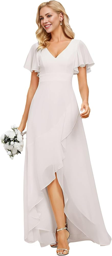 Ever-Pretty Women's Double V Neck A Line Ruffle Hem Backless High Low Chiffon Bridesmaid Dresses ... | Amazon (US)