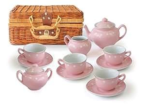 MMP Living Children's 13 Piece Pink Porcelain Play Tea Set with Wicker Basket | Amazon (US)