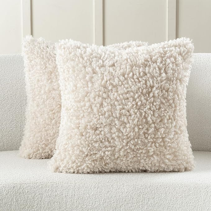 FUTEI Beige Decorative Throw Pillow Covers 26x26 Inch Set of 2,Soft Fluffy Faux Wool Fur Boucle T... | Amazon (US)