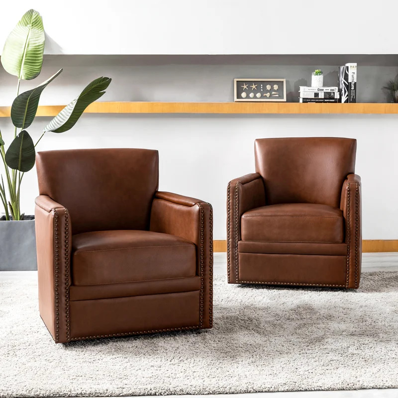 Sandra 29'' Wide Genuine Leather Swivel Chair (Set Of 2) | Wayfair North America