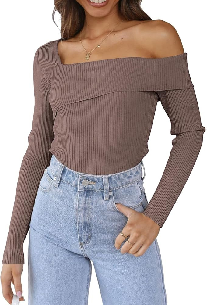 LILLUSORY Women's Off Shoulder Sweaters 2023 Fall Long Sleeve Knitted Lightweight Going Out Pullover | Amazon (US)