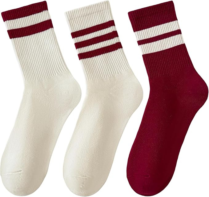 Ankle Striped Cotton Socks for Women Size 5-9 Crew Red White Burgundy Stripe Retro Sock | Amazon (US)