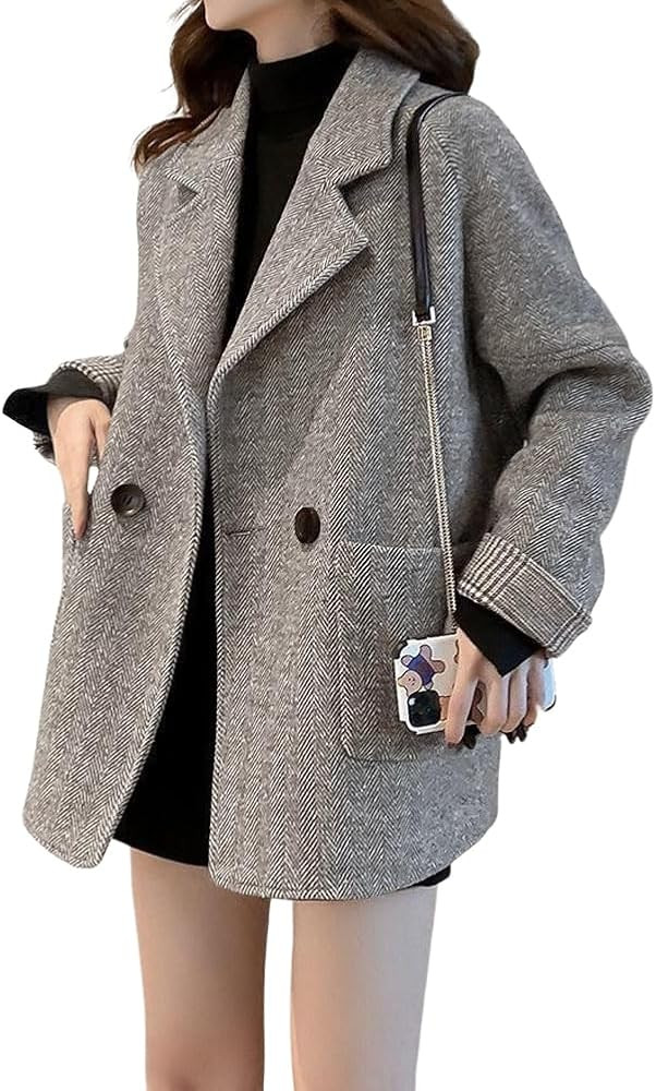 chouyatou Women's Double Breasted Herringbone Wool Blazer Jacket Notched Lapel Work Casual Wool B... | Amazon (US)