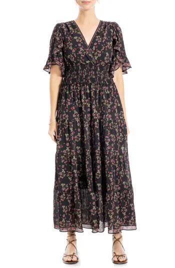 MAX STUDIO Ruffle Sleeve Tiered Maxi Dress in Black/Green Floral at Nordstrom Rack, Size X-Small | Nordstrom Rack