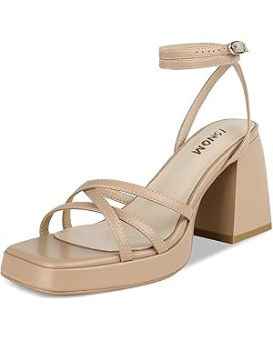 ISNOM Black Platform Heels for Women Heeled Sandals with Lace Up Strappy Ankle Strap Square Open ... | Amazon (US)