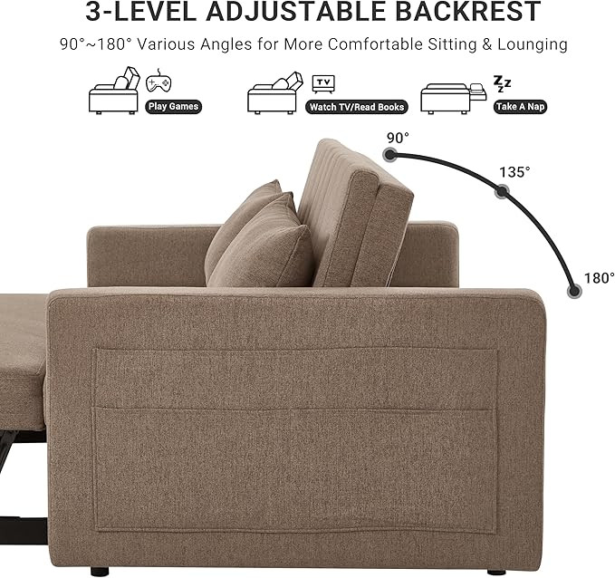 55.5" Fabric Convertible Sofa Bed, Pull Out Sleeper Sofa Bed, Loveseat Couch with Side Pocket, 3 ... | Amazon (US)
