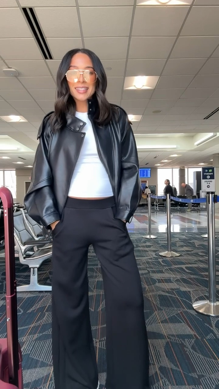 Airport outfit! My go-to faux leather jacket from last year is back and ON SALE!! It looks luxe but it's under $125 👏🏽 tons of compliments on this! Paired it with my favorite fitted tee and my go-to travel pants for a comfy chic travel outfit. Wearing a small in jacket, small in t-shirt, and small reg length in pants (use code NENAXSPANX to save on pants) 

fall outfit, travel outfit, comfy outfit, abercrombie sale, sale alert, fall jacket, closet staples