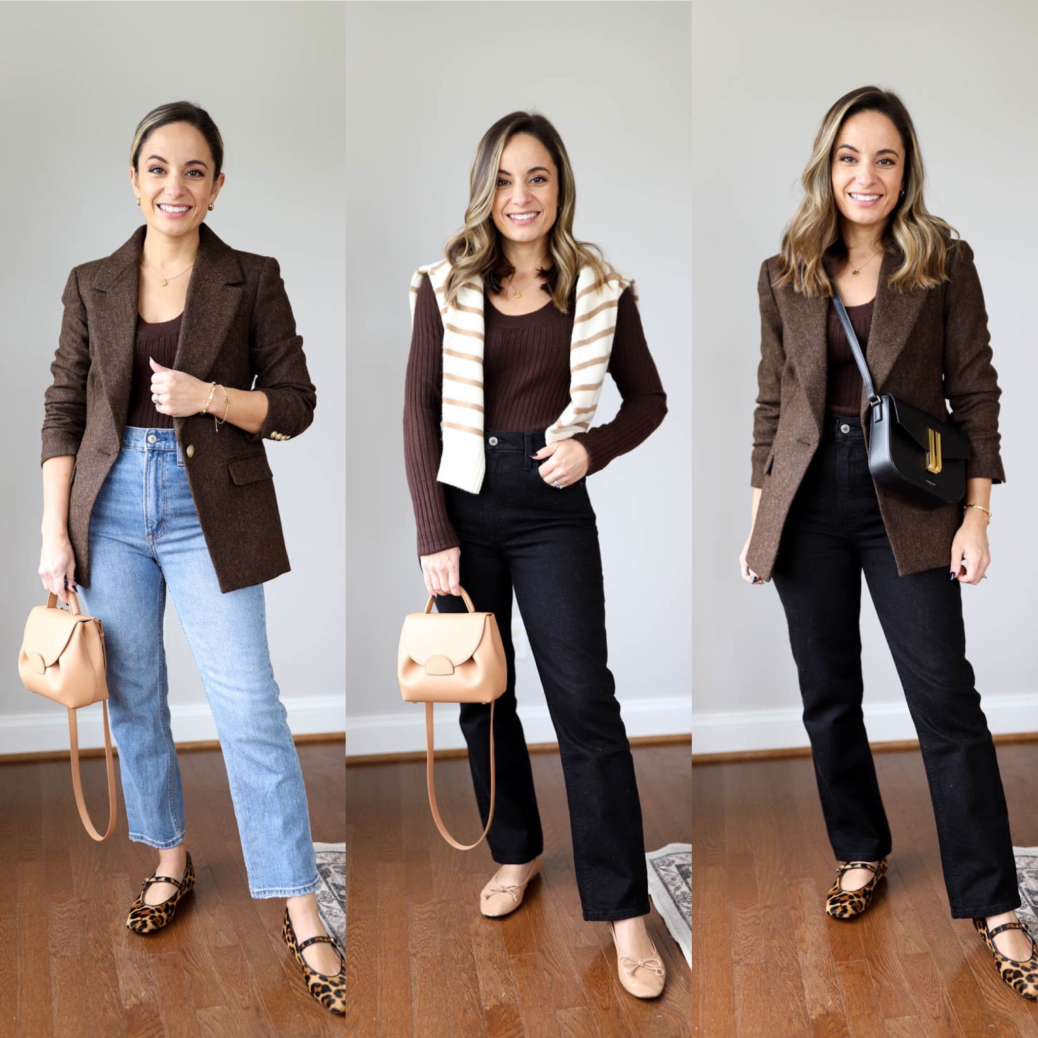 Fall capsule wardrobe 
Brown blazer: petite 00 
Brown top: xs 
Striped sweater: xxs 
Black jeans: 24 extra short 
Light jeans: 24 short medium wash 
All shoes tts 
Tan bag: polene un nano in textured tan 

#LTKSeasonal #LTKstyletip