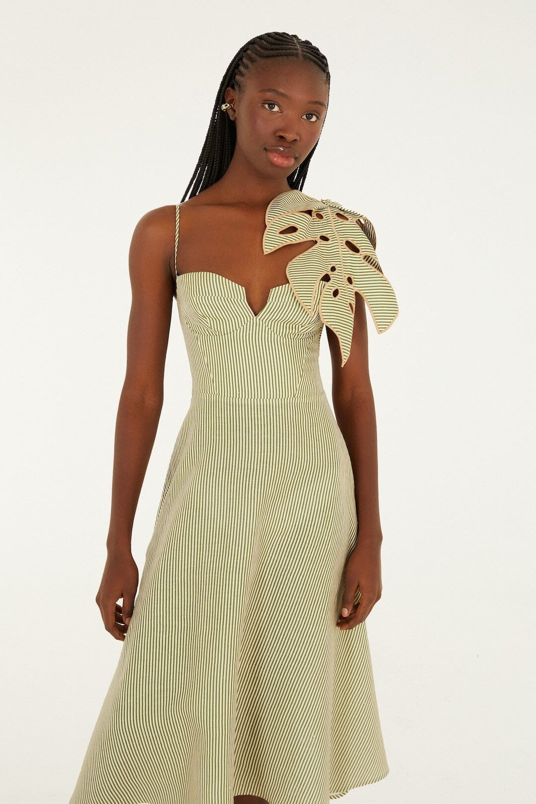 Green Striped 3d Monstera Leaf Euroflax\ufffd Premium Linen Midi Dress | FARM Rio | FarmRio (US)