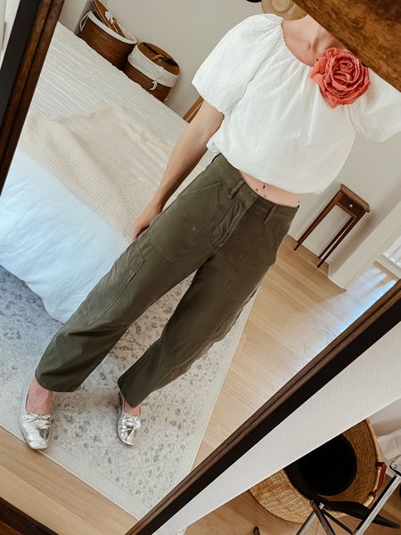 Today’s look. Top & flower are old but I linked similar. Size down in the pants, wearing a 24. Flats run TTS. 